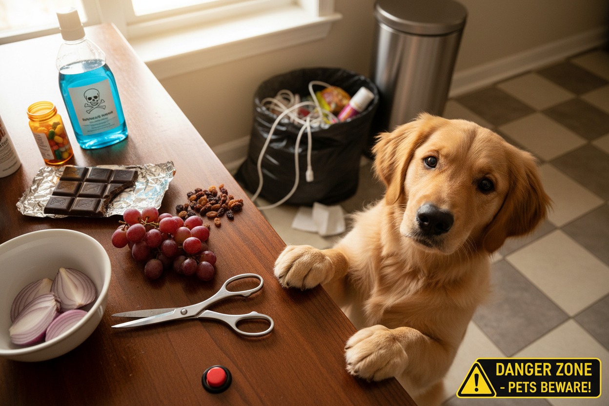 A golden retriever puppy rests its paws on a kitchen counter next to hazardous items including chocolate, grapes, and cleaning supplies.