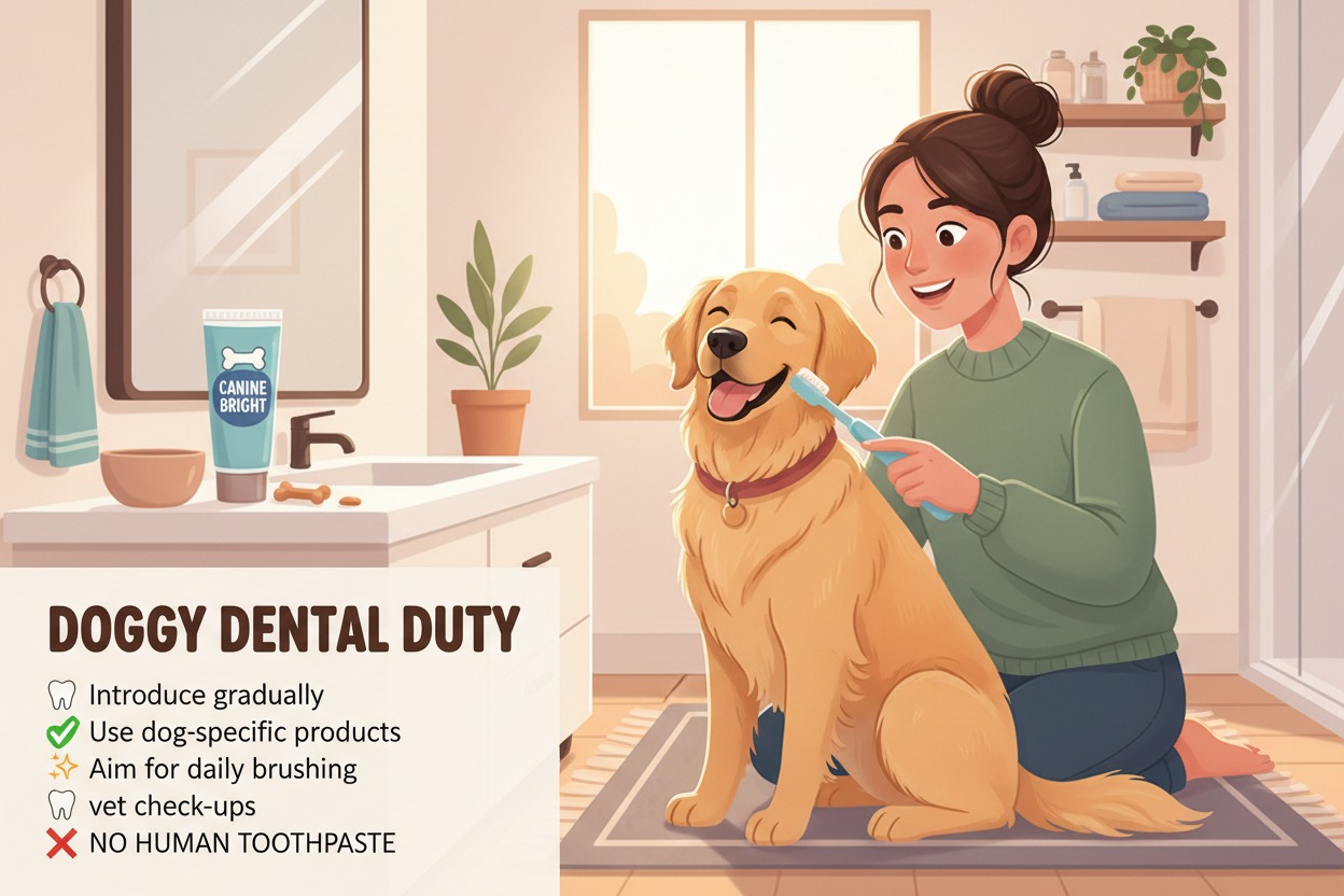 An illustration of a woman brushing a smiling golden retriever's teeth in a bathroom alongside a checklist for doggy dental care.