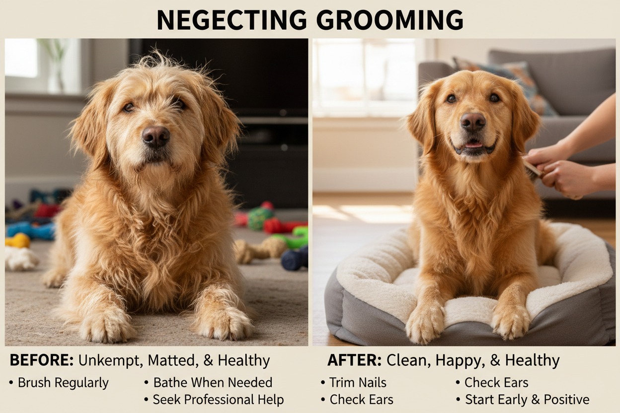 Before and after comparison of a golden retriever showing the effects of neglecting grooming versus proper maintenance.