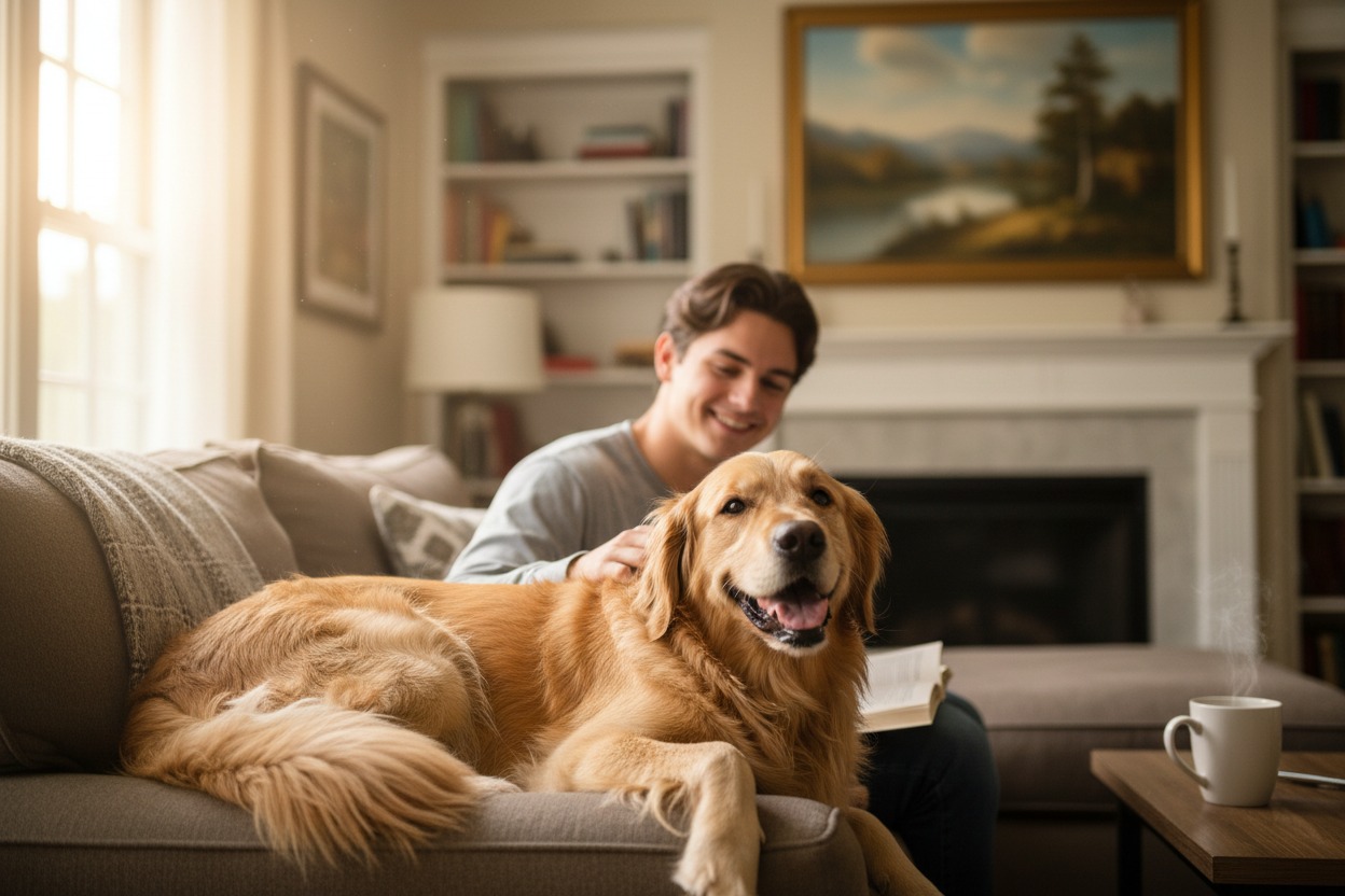 A man sits on a couch in a cozy living room while petting a golden retriever that rests in the foreground.